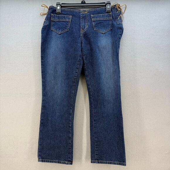 Abercrombie & Fitch Jeans Women's 4 Indigo Patch Pockets Leather Side Lace EUC - Picture 1 of 13
